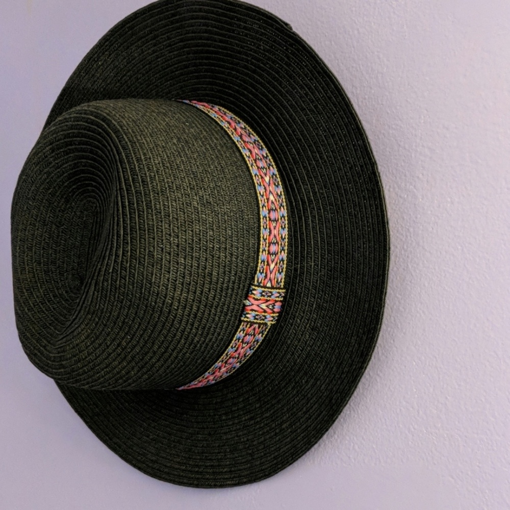 Black Straw Hat with Embroidered Band